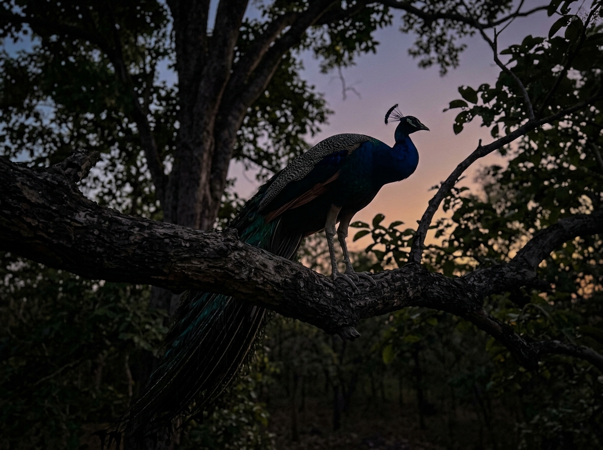 Indian peacock roosting high on a tree branch at dusk, showing grasping perching posture