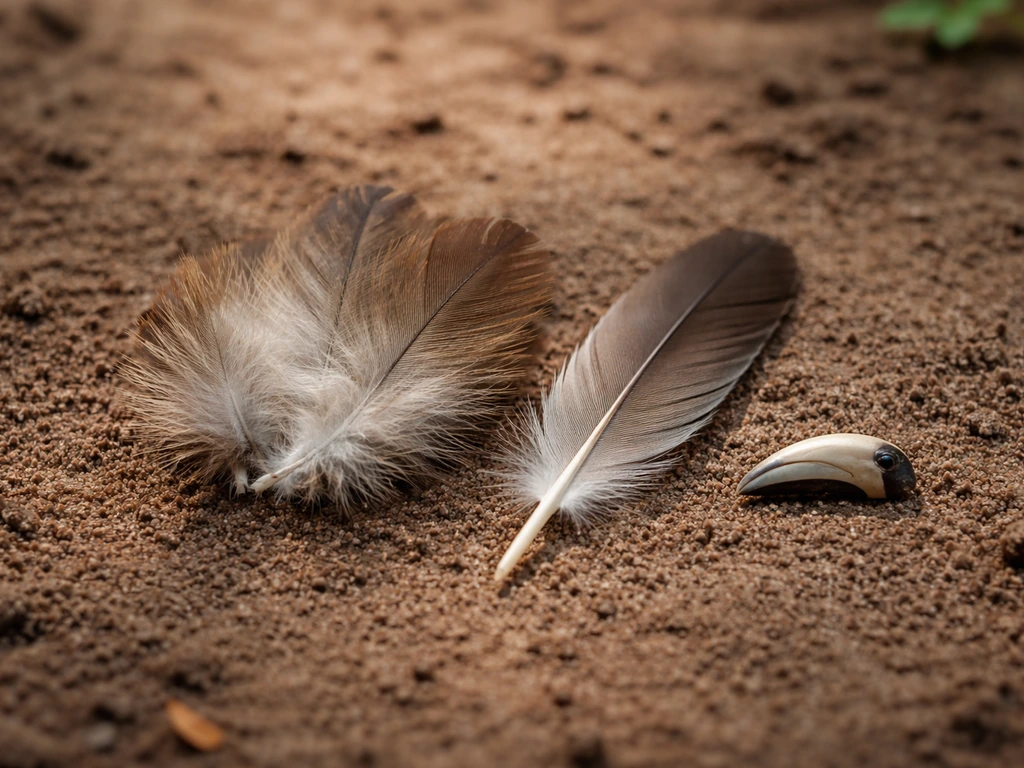 Close-up of fanned bird feathers with a wing feather and small beak-shaped piece on natural ground