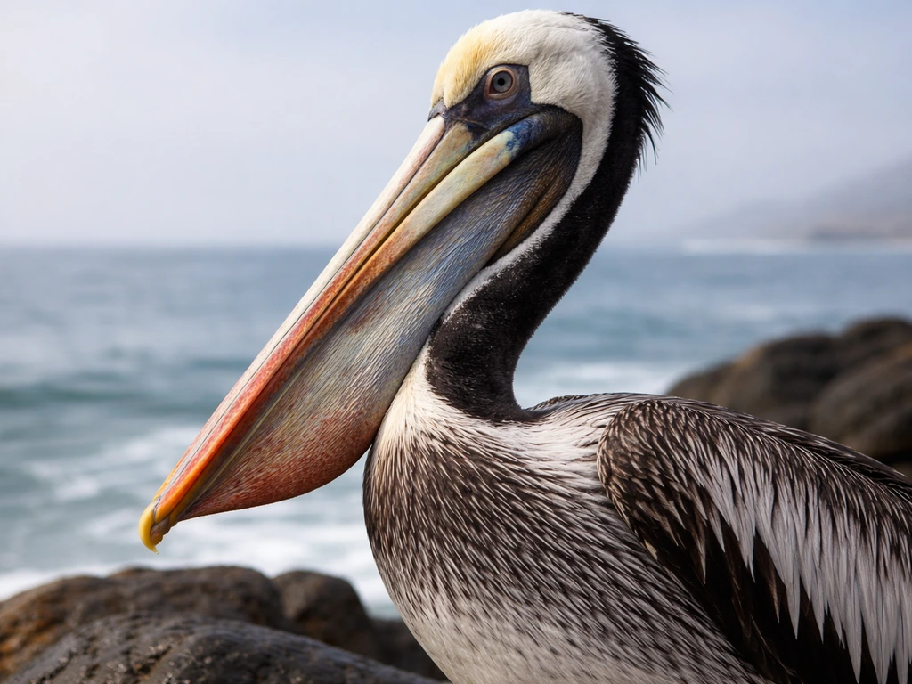 Close-up of a Peruvian pelican’s throat pouch and bill features on a rocky Pacific shoreline