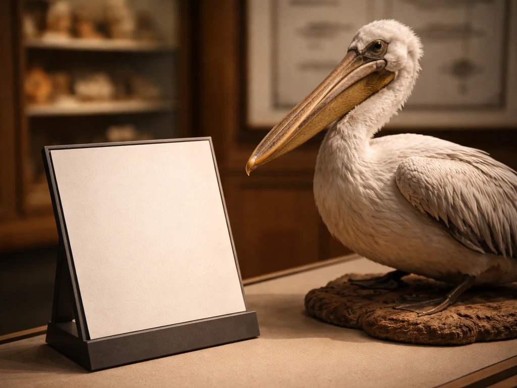 Museum natural-history display with a pelican specimen and a blank placard, softly lit and minimal.