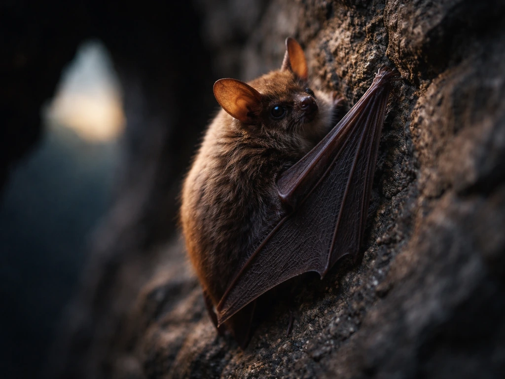 Brown bat hanging in a cave entrance, fur and wing membranes clearly visible.
