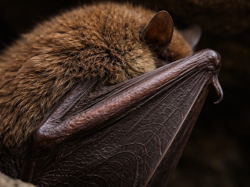 Close-up of a brown bat’s fur and leathery wing membrane hanging in soft natural light