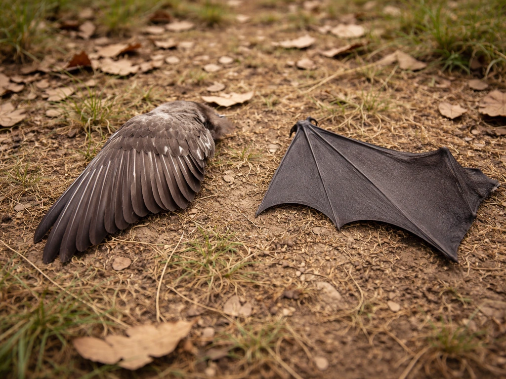 Close-up field view comparing a feathered bird wing edge to a leathery bat wing membrane