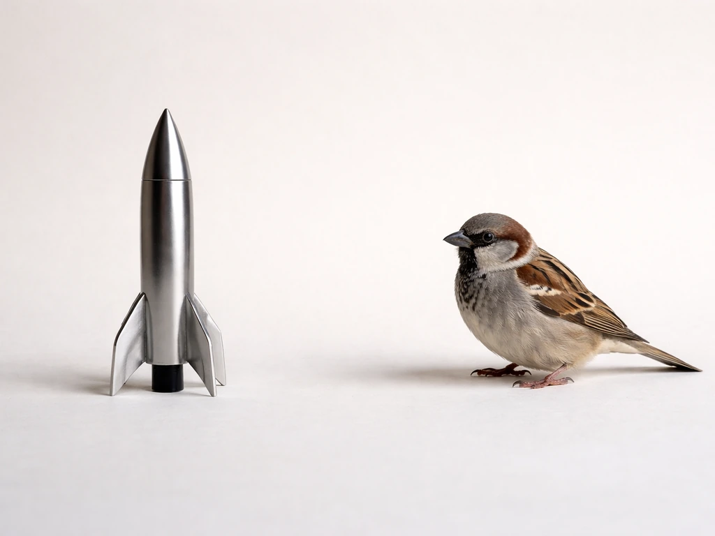 Side-by-side view of a small metallic rocket model and a perched sparrow on a plain background.