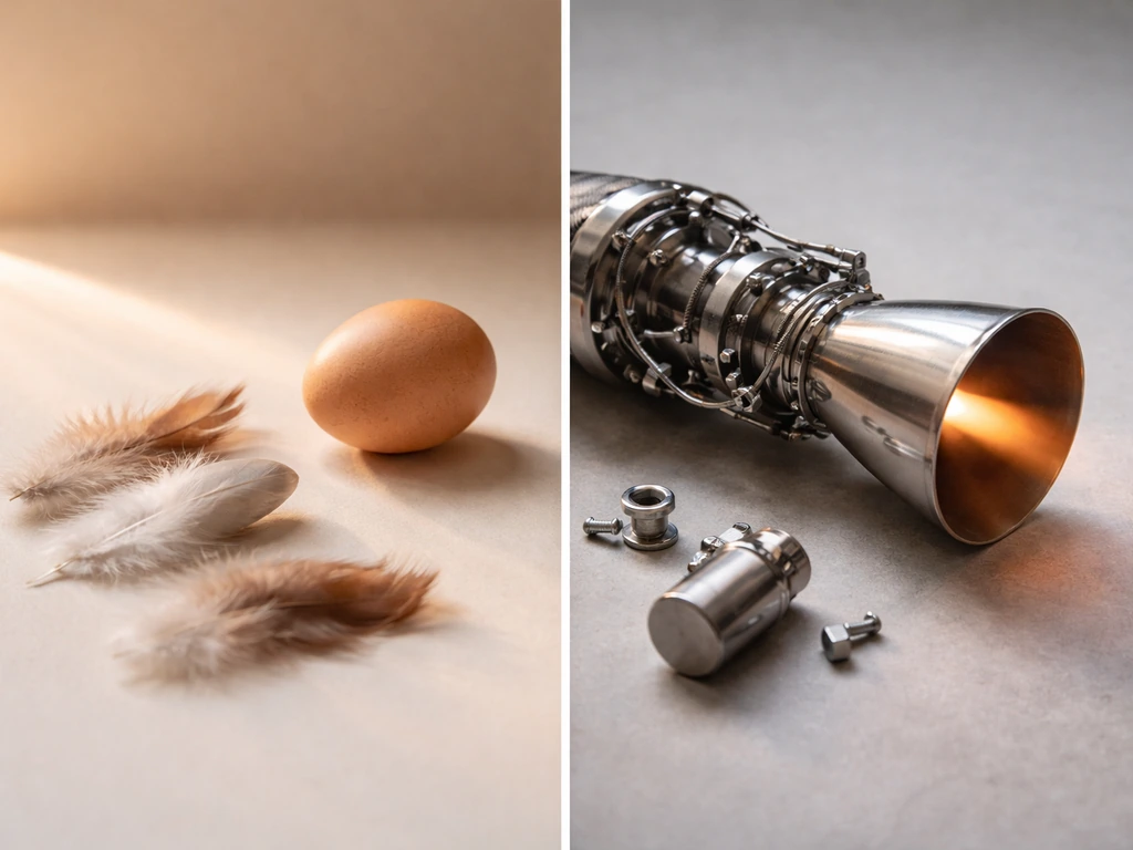 Minimal split scene: feathers and egg on one side, rocket engine parts and glow on the other.