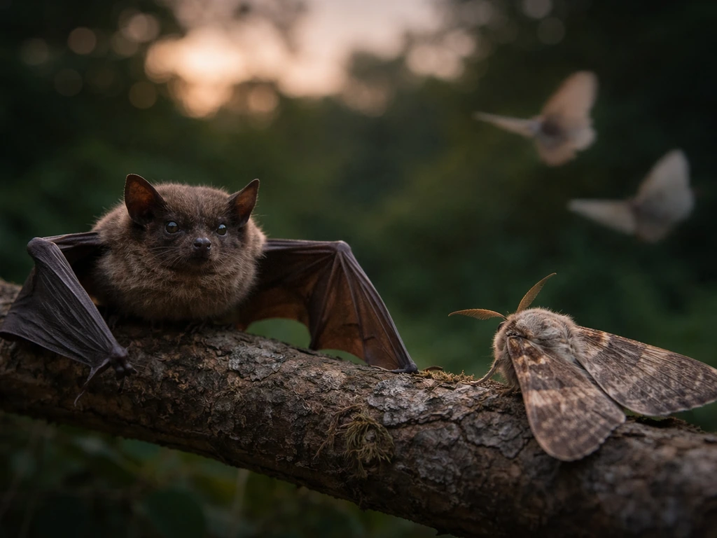 A close-up scene with a bat and a moth-like winged insect perched, visually contrasting flight with birds.