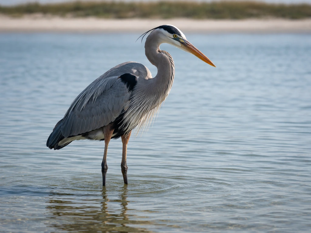 Great blue heron standing in shallow water with long legs and bill in an upright hunting posture.