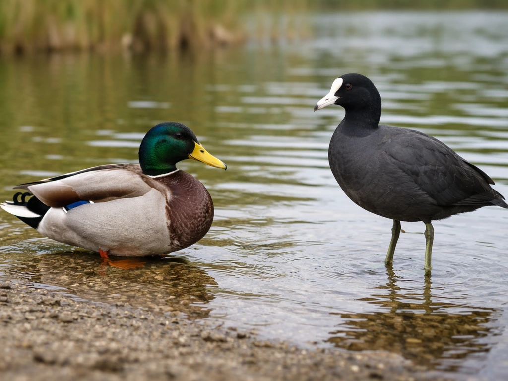 Mallard duck and a longer-legged coot-like bird standing side by side at a pond edge, showing leg differences.