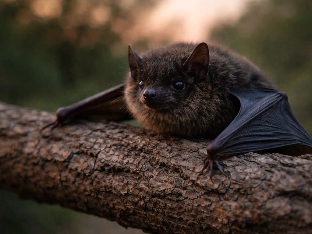 Close-up of a bat perched on a branch, showing fur and wing membrane texture in natural dusk light.