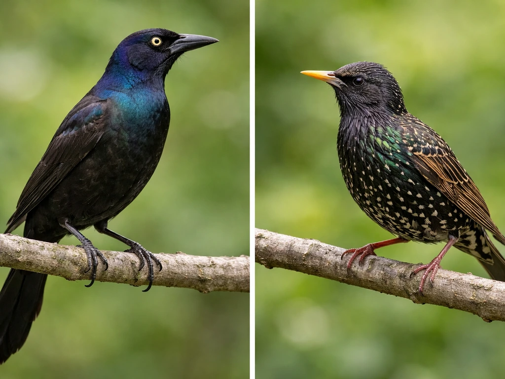 Side-by-side photos of a common grackle and a European starling perched on a branch.