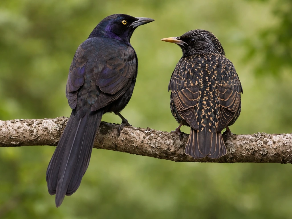 Close-up of a Common Grackle and European Starling showing contrasting long vs stubby tail shapes.