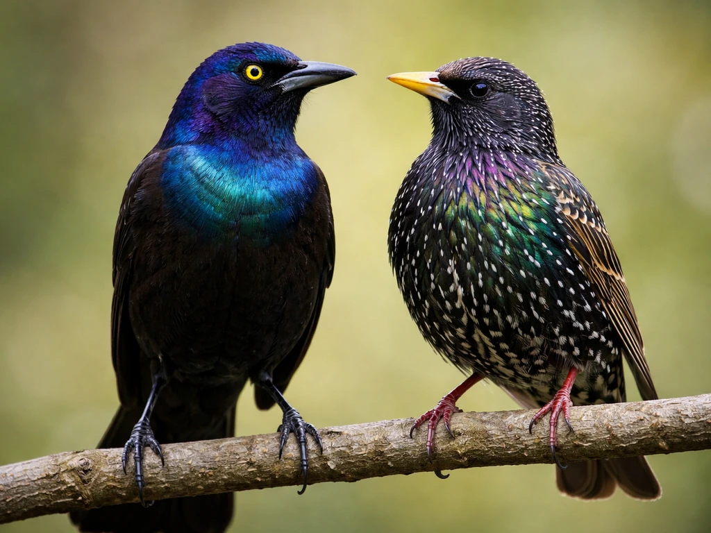 Close-up of a Common Grackle and a European Starling showing different iridescent feather sheens in good light.