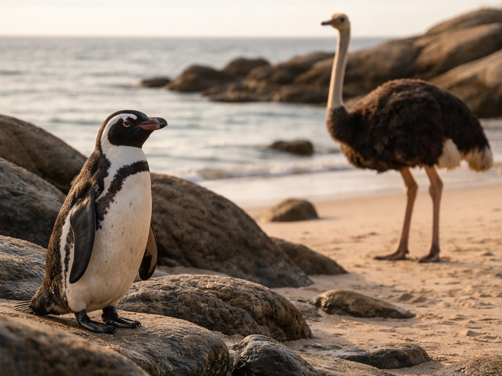 Penguin and ostrich standing together on different ground textures, contrasting non-flying bird traits.