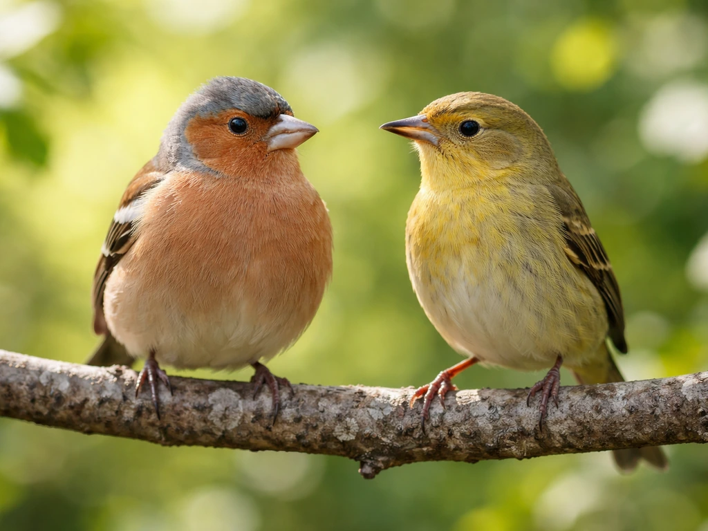 Two small birds perched side by side, showing feathered bodies and different beaks in a minimal outdoor setting.