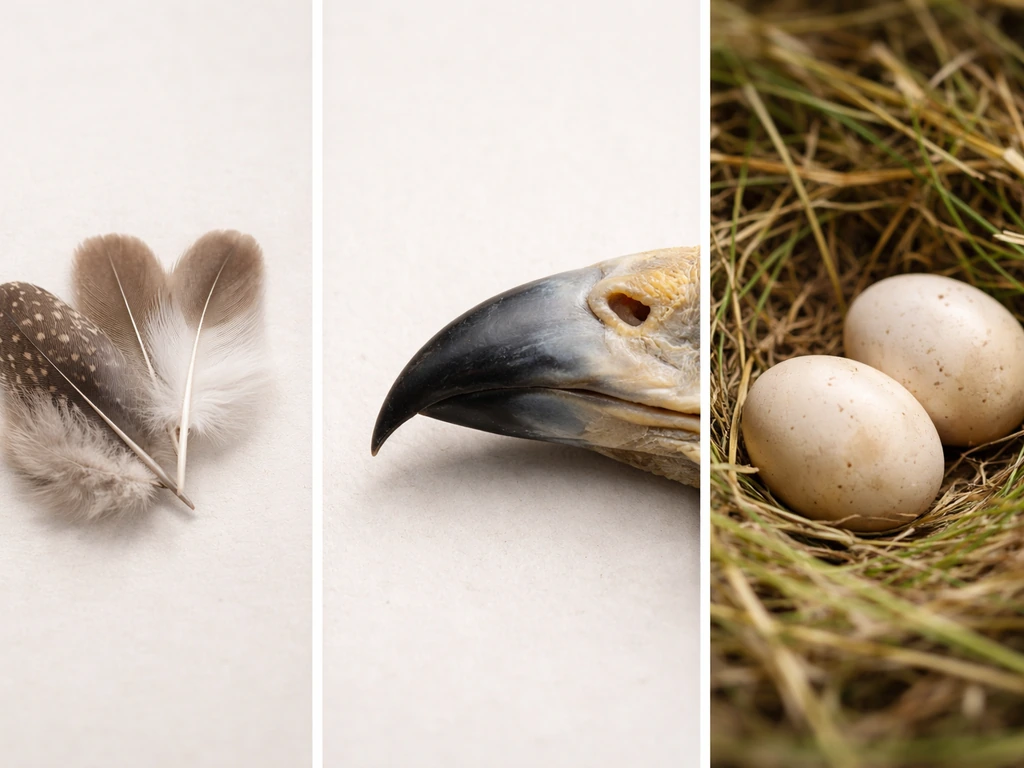 Close-up feathers, a beak, and eggs arranged left to right on a natural tabletop background.