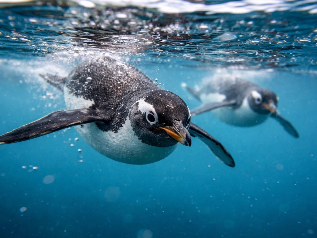 Two penguins swim close to the camera, showing flipper-like wings in clear ocean water.