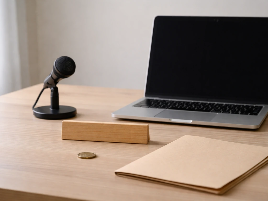 Close-up of a desktop microphone and a small wooden nameplate beside a laptop, suggesting media and nicknames