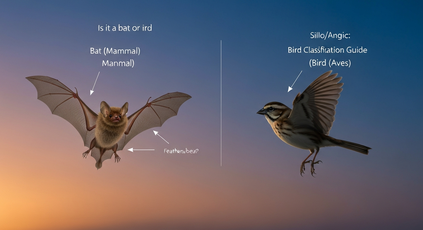 Side-by-side illustration of a bat (left) showing membranous wings and fur, and a bird (right) showing feathered wings and a beak, against a twilight sky.