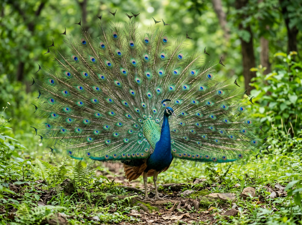 Peacock with full tail display, highlighting it as a bird by visible feathers and beak.