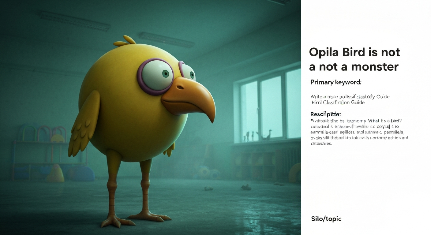 Stylized, fictional birdlike mascot at near-human scale with a round yellow body, oversized beak, and wide eyes, standing in a dim, abandoned childcare interior; cinematic lighting and space for headline.