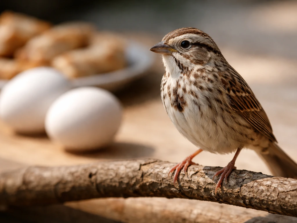 A perched bird next to chicken eggs and light cooked chicken, contrasting birds vs fowl usage.