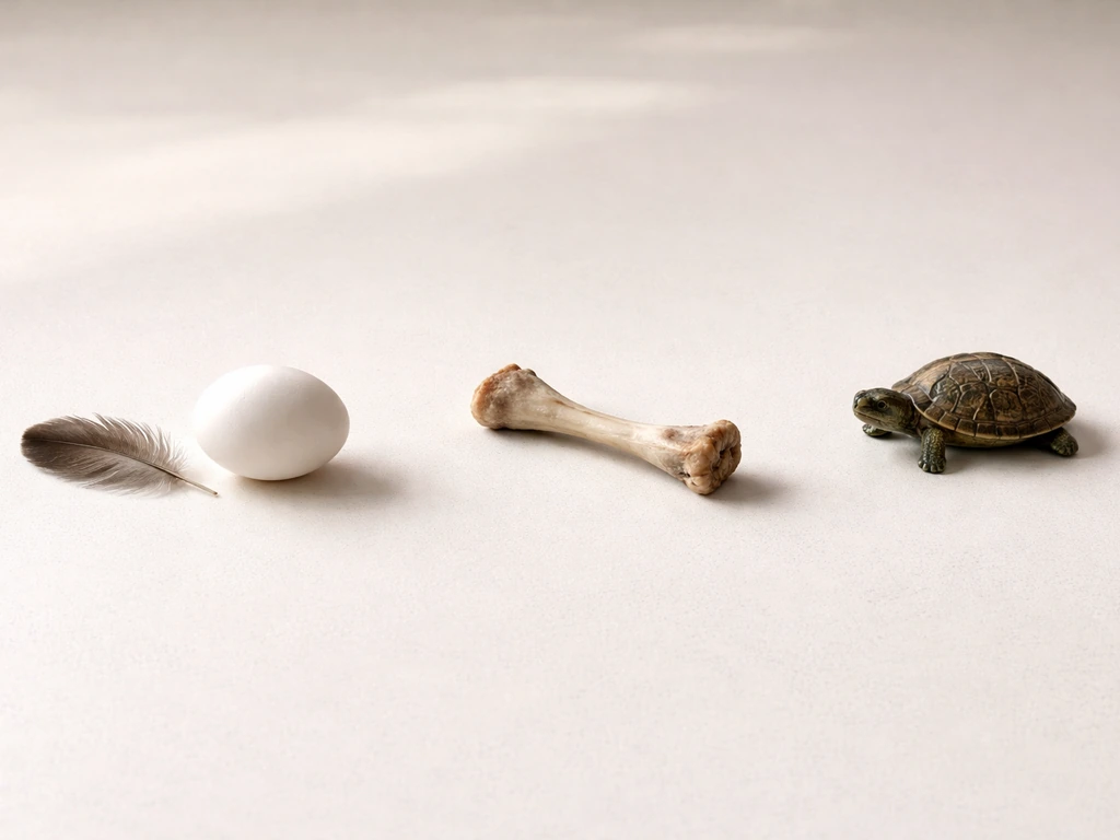 Minimal tabletop photo showing items symbolizing a bird, fowl, and a non-bird category in three spaced groups.