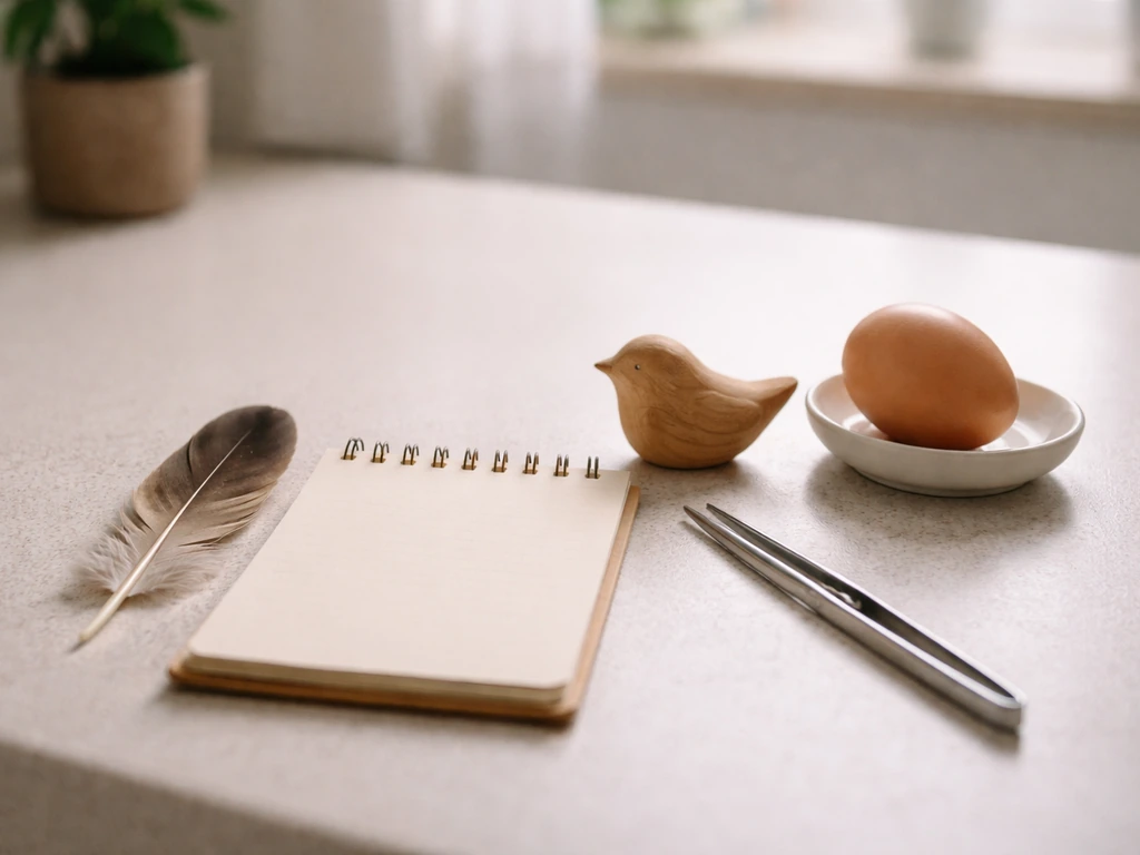 Feathers, an egg, and simple bird-themed items on a kitchen counter, suggesting observable bird traits.