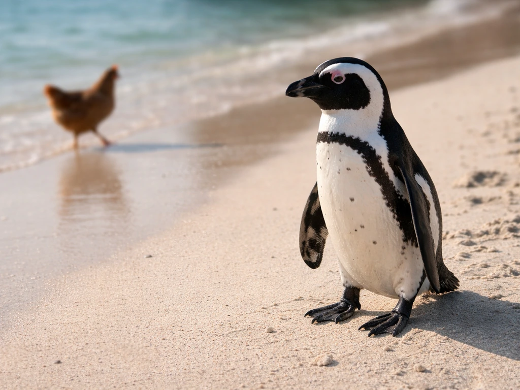 African penguin on sand beside a softly blurred typical chicken reference bird