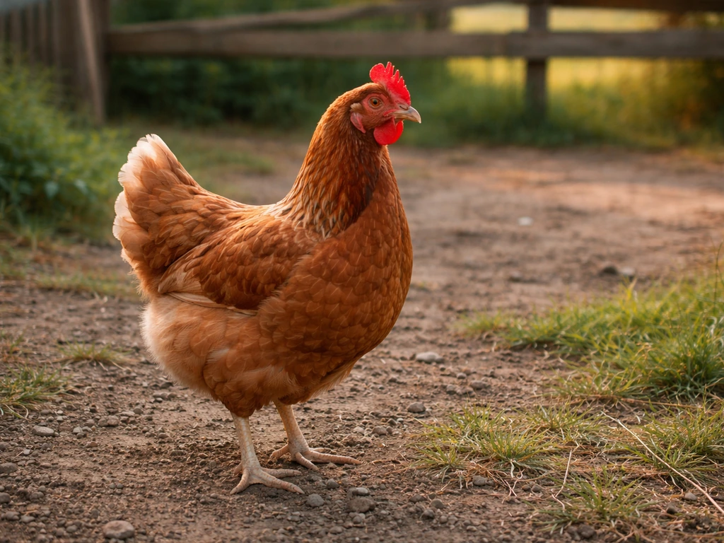 Brown chicken standing in a quiet farm yard with a wooden fence in soft background light