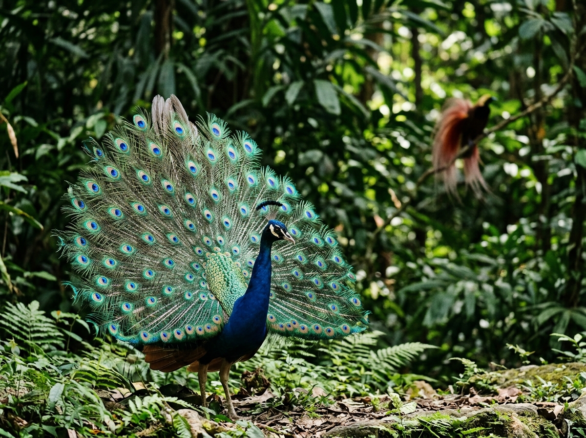 Peacock in sharp focus with a bird-of-paradise blurred in the background to show they’re different