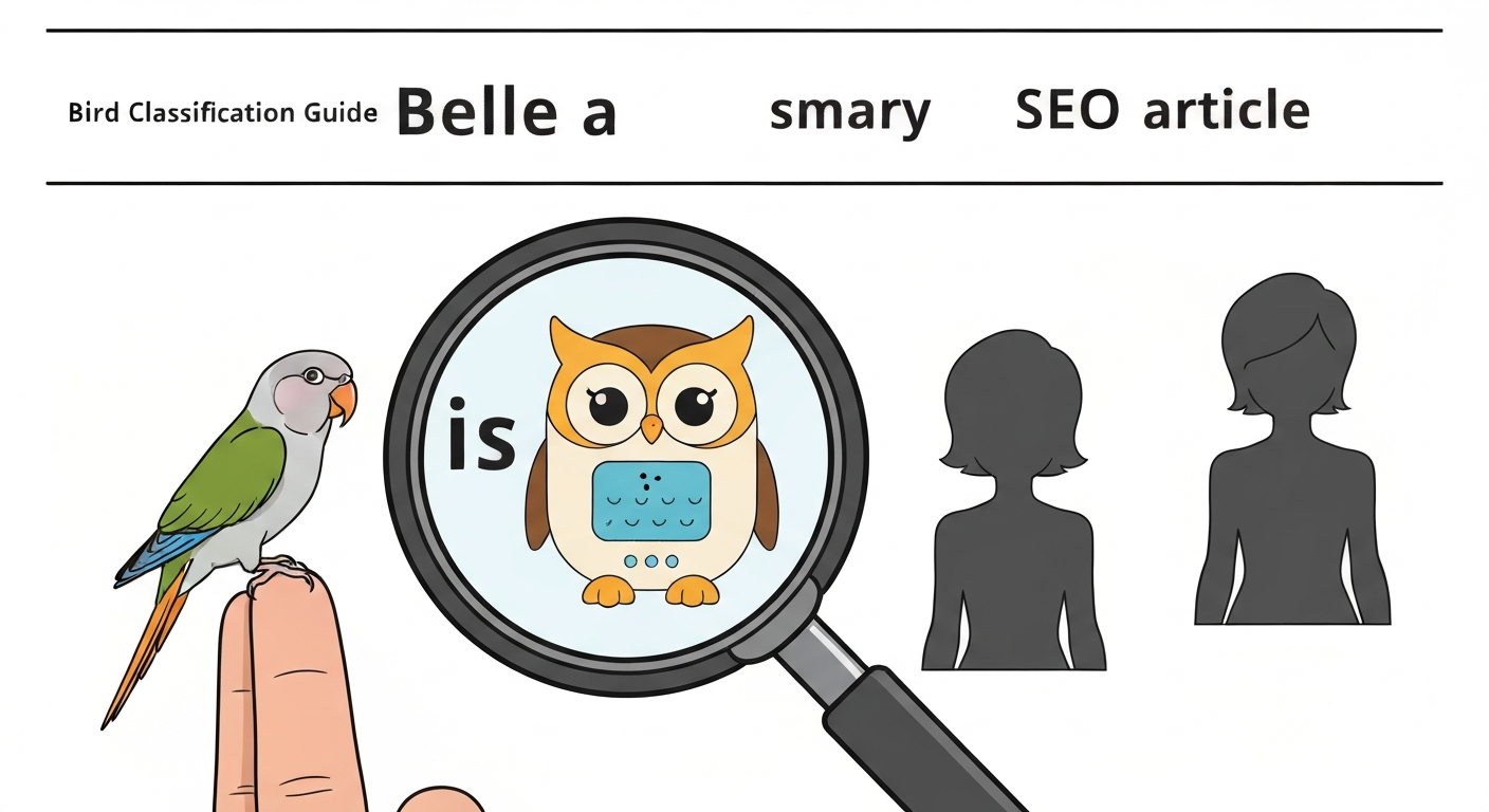 Illustration of the word 'Belle' under a magnifying glass examining a pet parrot, a toy, and a fictional-character silhouette.