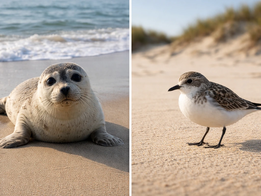 Close-up split-scene of a seal on a beach and a small bird on sand, highlighting differences.