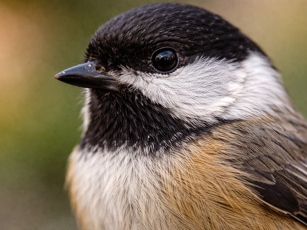 Close-up of a small bird’s beak and layered feathers in natural light