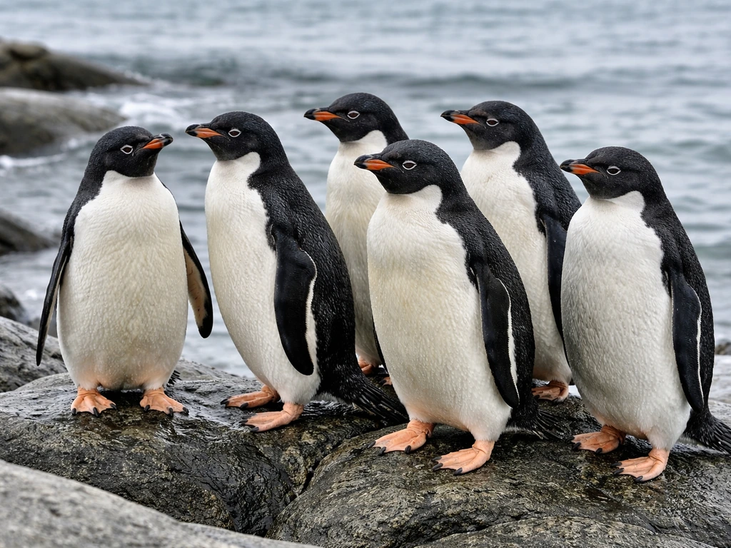 A small group of penguins on rocky shore, showing feathered bodies near the ocean in natural light.