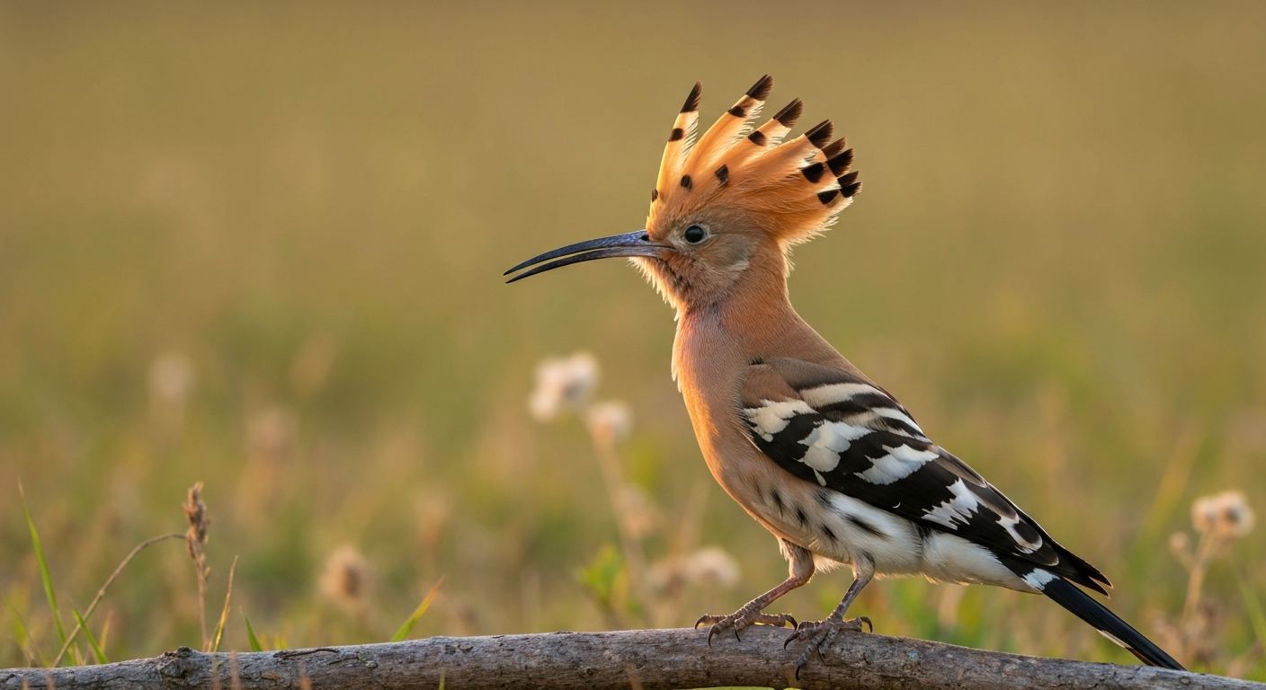 Common Hoopoe (Upupa epops) perched on a low branch with crest raised, showing distinctive decurved bill and barred wings.