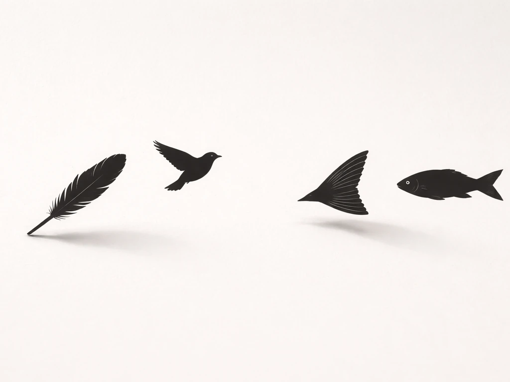 Feather silhouette pointing to a bird silhouette, and fin silhouette pointing to a fish silhouette.