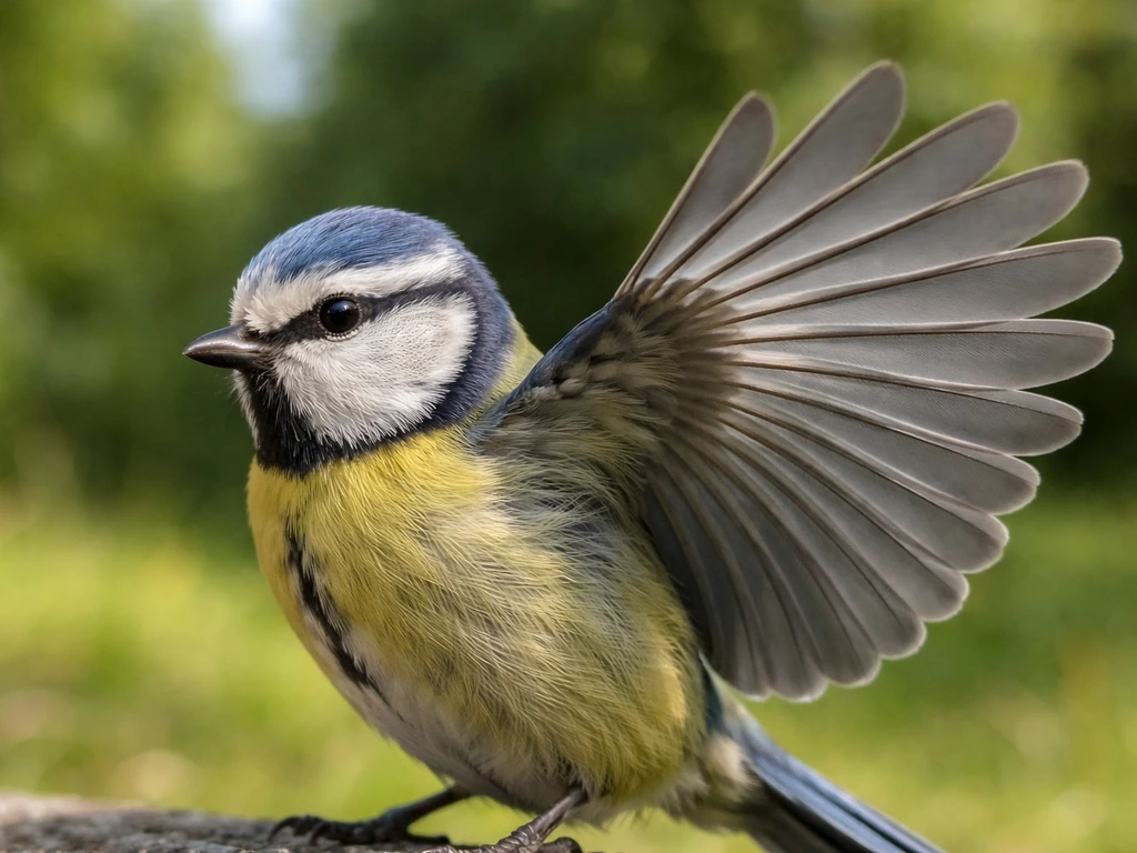 Close-up of a bird with partially spread wings, highlighting detailed feathers in natural light.