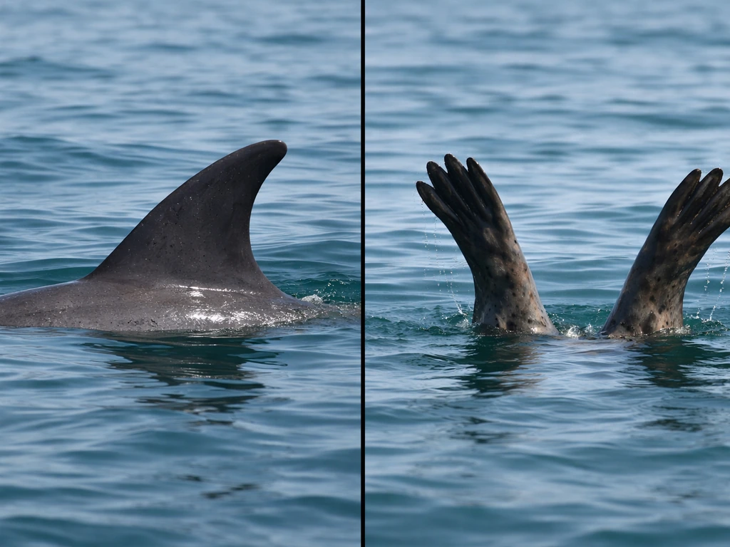 Split ocean scene showing a dolphin dorsal fin and a seal’s flippers above water.