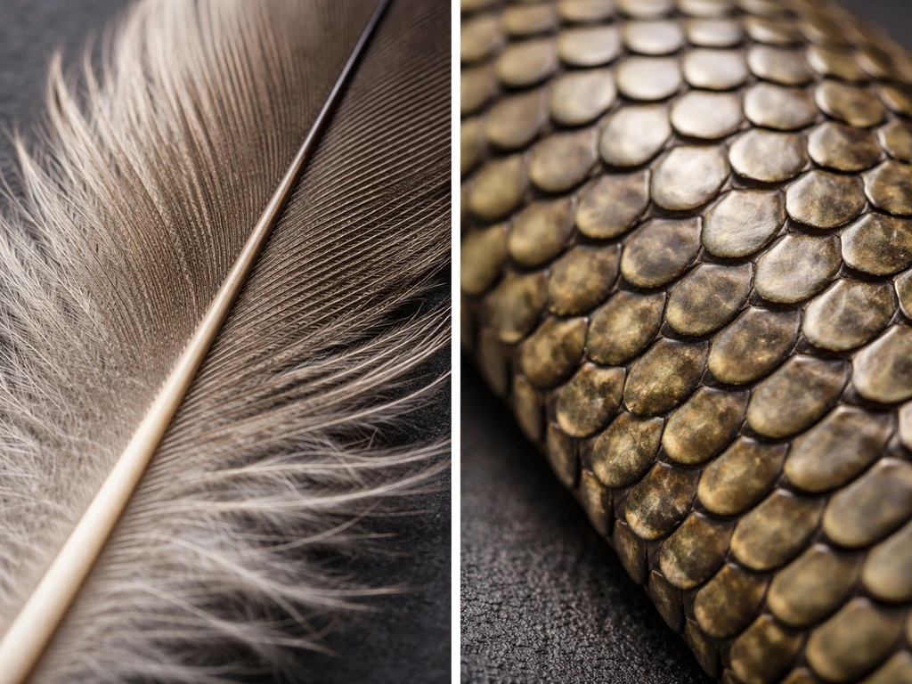 Close-up comparison of a bird feather and a reptile scale showing similar keratin-like texture
