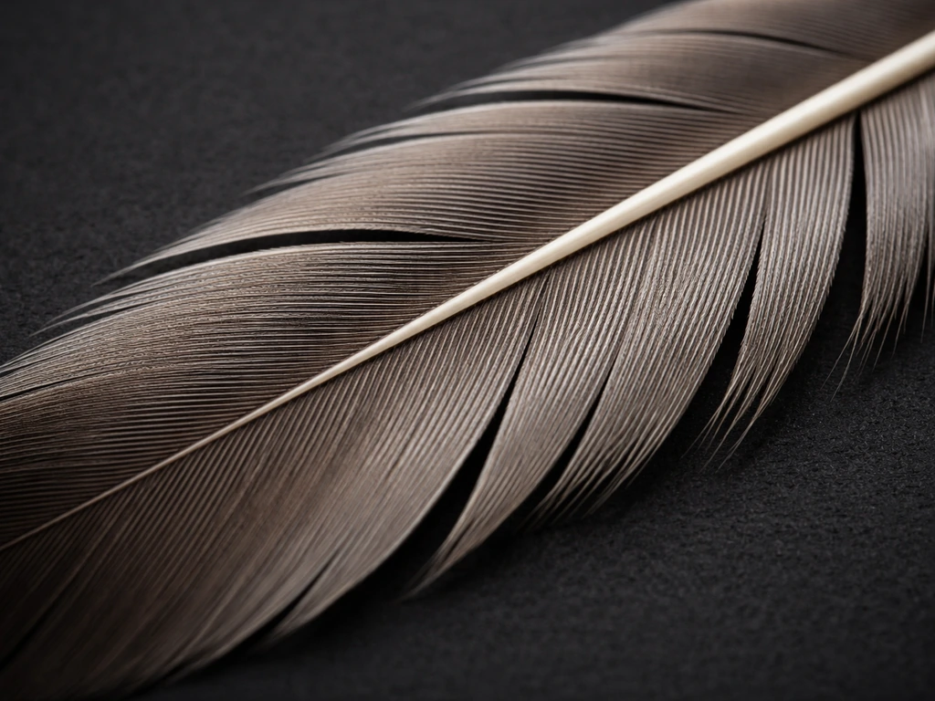 Ultra-macro view of a feather showing stiff barbs and fine keratin filaments on a dark background.