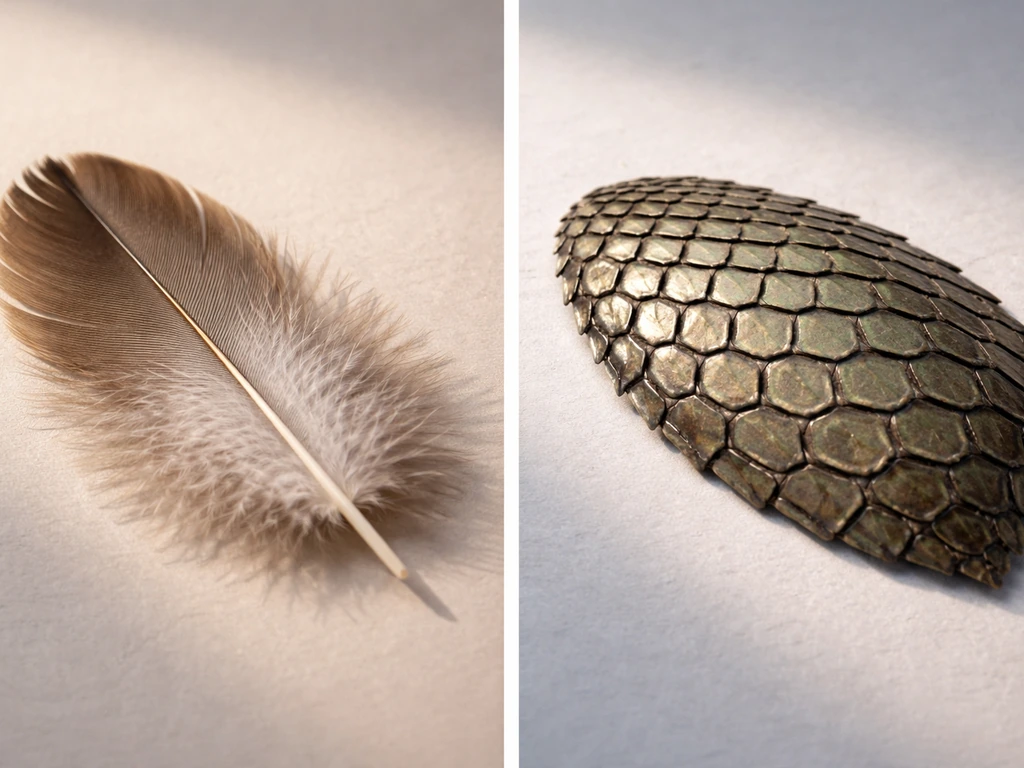 Minimal dual-panel photo showing a bird feather and a reptile scale with insulating vs protective function cues