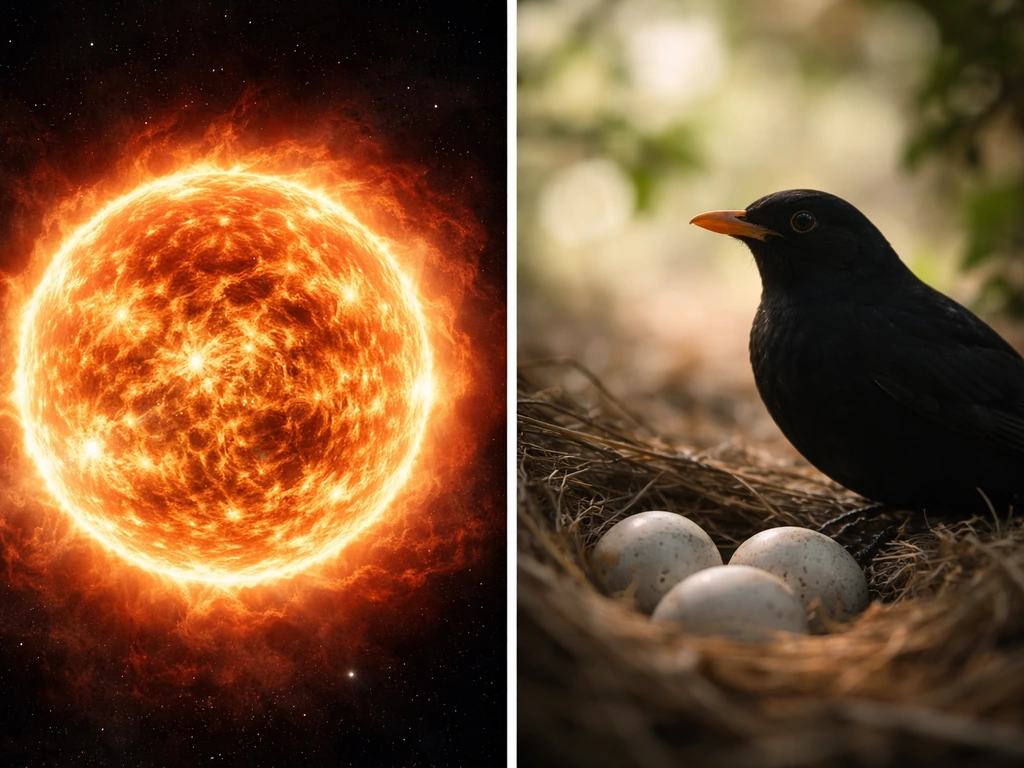 Split image: glowing plasma star on the left and a bird with eggs silhouette on the right.