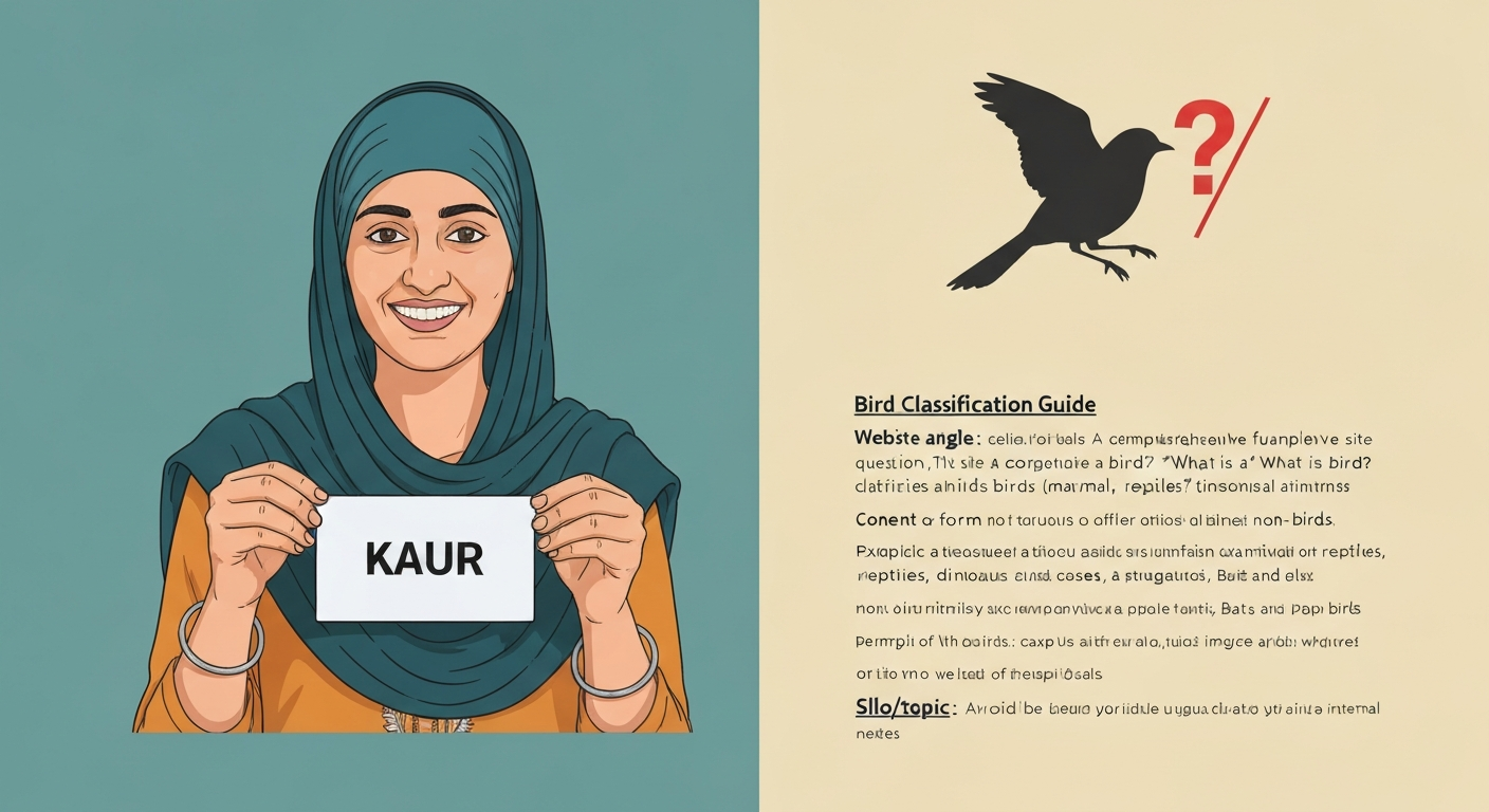 Illustration: a Sikh woman holding a name badge labeled 'Kaur' alongside a bird silhouette with a question mark, indicating Kaur is a name, not a bird.