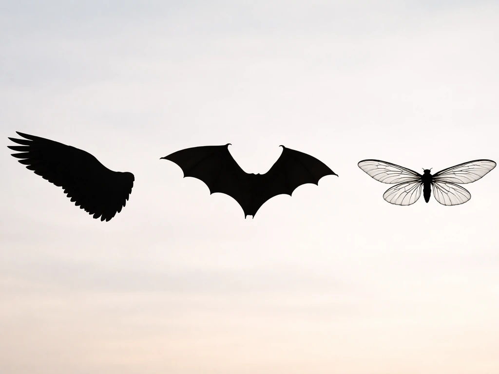 Three winged silhouettes showing feathers, membrane, and insect wings on a simple sky background.