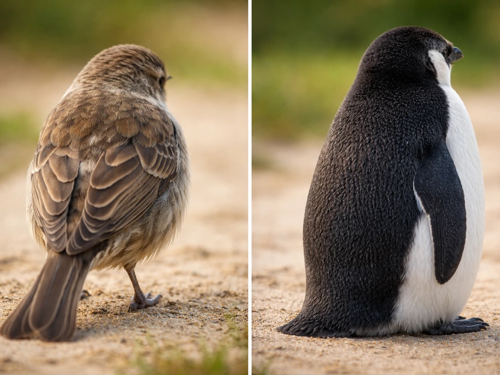 Close-up of a feathered bird and a penguin-like bird body form side by side in soft natural light