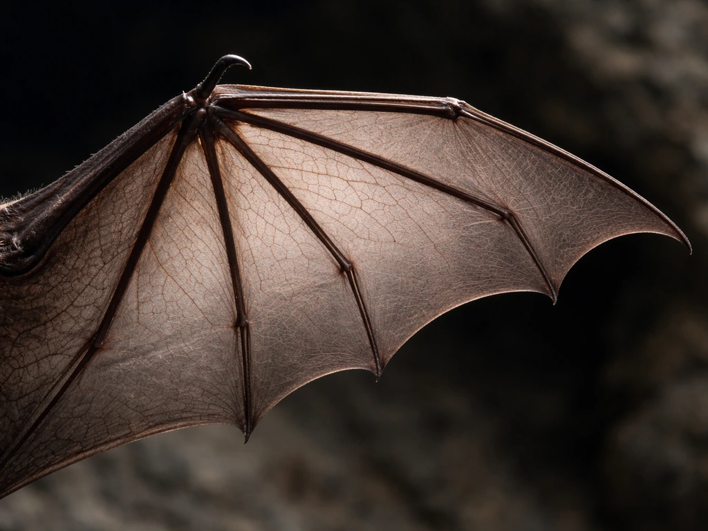 Close-up of a bat wing membrane (patagium) stretched between elongated fingers, showing mammal skin texture.