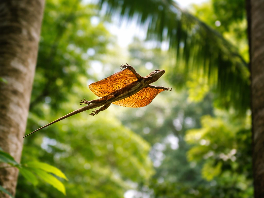 Draco lizard gliding between tropical trees with extended winglike skin folds.