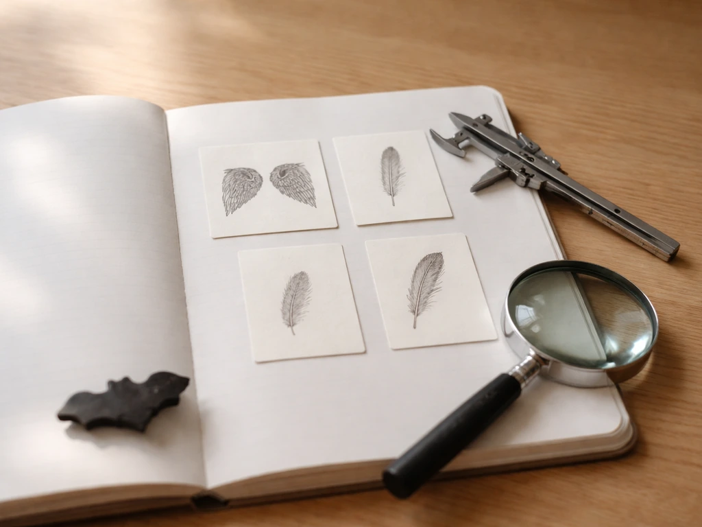Minimal desk setup with scattered wildlife reference cards suggesting bat, insect, and flying reptiles traits comparison