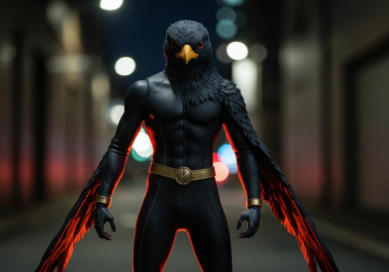 Birdlike superhero with dark feathered head and humanoid body in a quiet nighttime alley.