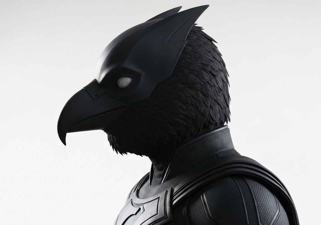 A masked hero in a dark suit with a birdlike head silhouette, shown in profile against a plain backdrop.